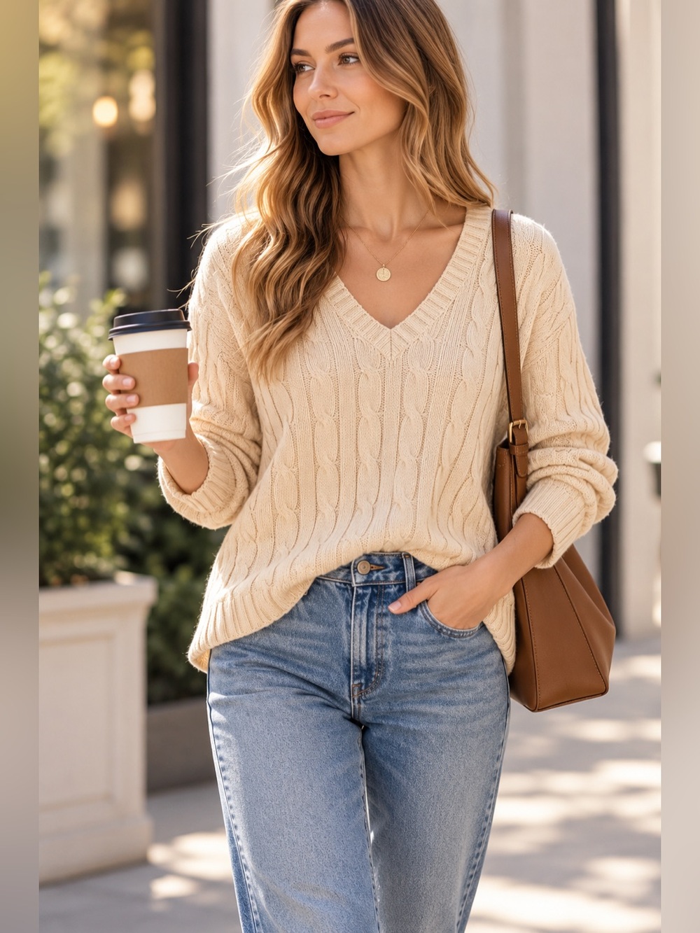 Ralph Lauren Cream Cable Knit V-Neck Sweater